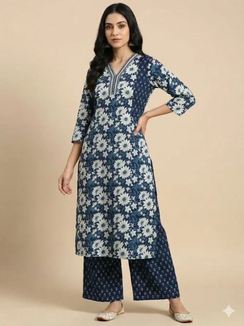 Blue Straight Printed Kurta With Pant