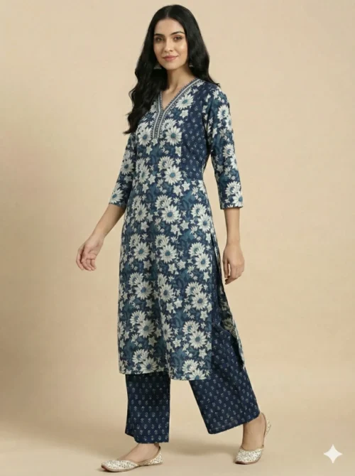 Blue Straight Printed Kurta With Pant