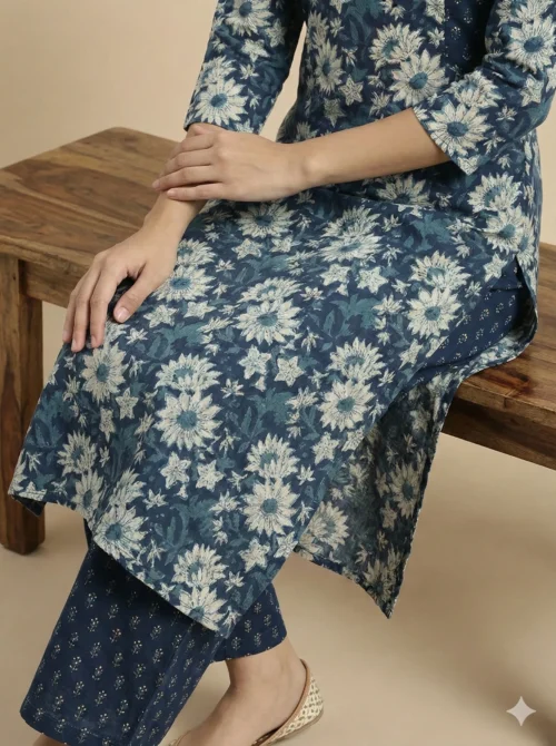 Blue Straight Printed Kurta With Pant