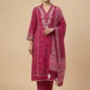 Bhandhni Printed Pink Kurta with Floral Embroidered Neckline with Pant & Dupatta