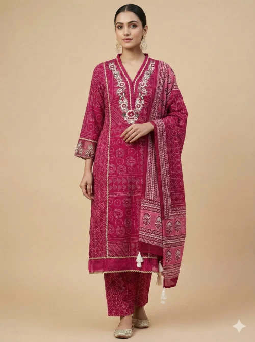 Bhandhni Printed Pink Kurta with Floral Embroidered Neckline with Pant & Dupatta