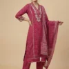 Bhandhni Printed Pink Kurta with Floral Embroidered Neckline with Pant & Dupatta