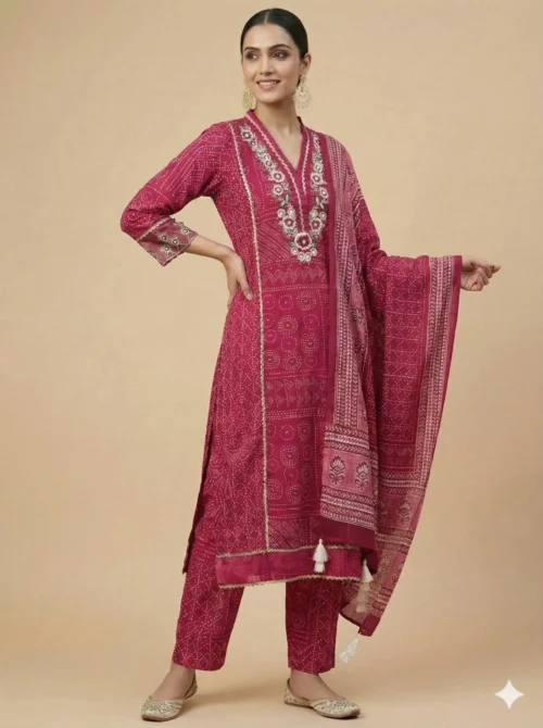 Bhandhni Printed Pink Kurta with Floral Embroidered Neckline with Pant & Dupatta
