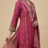 Bhandhni Printed Pink Kurta with Floral Embroidered Neckline with Pant & Dupatta