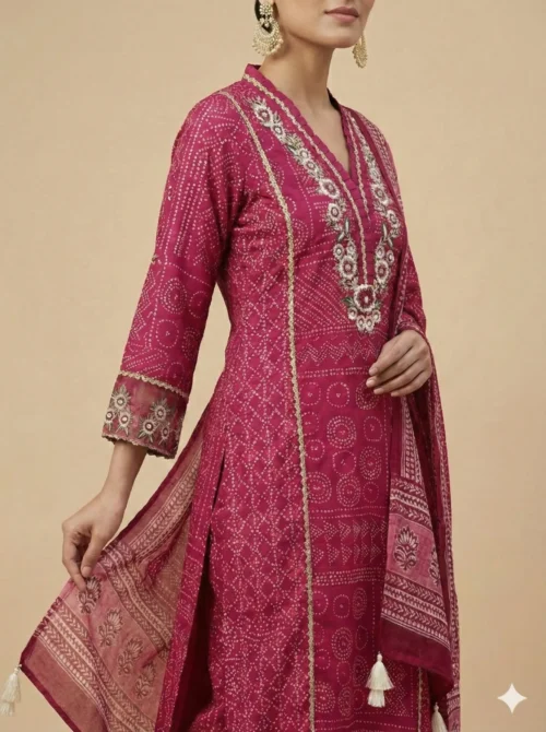 Bhandhni Printed Pink Kurta with Floral Embroidered Neckline with Pant & Dupatta