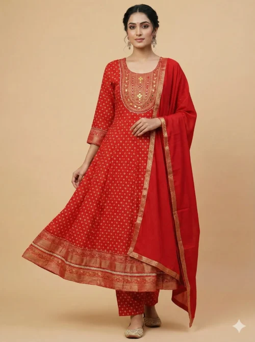 Trendy Red Color Mirror Work Kurta with Pant and Dupatta