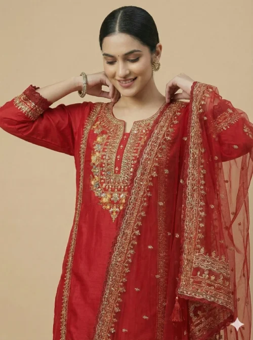 Stylish Embroidered Red Kurta with Pant and Dupatta