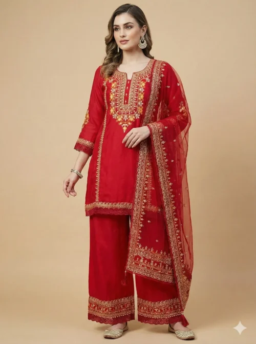 Stylish Embroidered Red Kurta with Pant and Dupatta