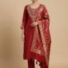 Elegant Embroidery Red Kurta with Pant and Banarasi Dupatta
