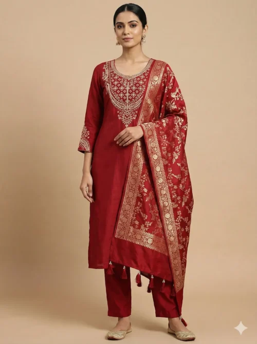 Elegant Embroidery Red Kurta with Pant and Banarasi Dupatta