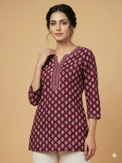 Blood Red Printed Short Kurti - Blood Red Printed Short Kurti - Kottons Blood Red Printed Short Kurti