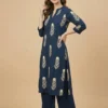 Beautiful Blue Block Printed A-Line Cotton Stitched Kurta With Palazzo