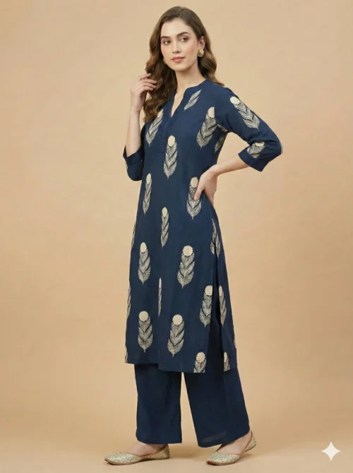 Beautiful Blue Block Printed A-Line Cotton Stitched Kurta With Palazzo