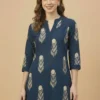 Beautiful Blue Block Printed A-Line Cotton Stitched Kurta With Palazzo