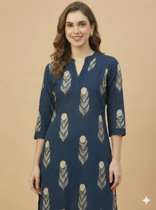 Beautiful Blue Block Printed A-Line Cotton Stitched Kurta With Palazzo