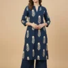Beautiful Blue Block Printed A-Line Cotton Stitched Kurta With Palazzo