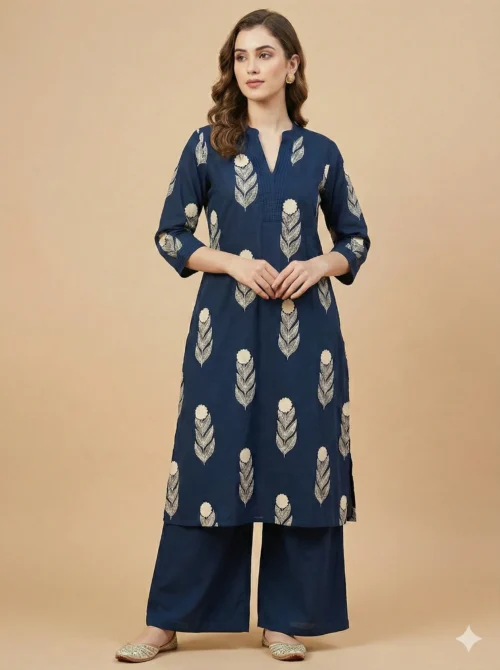 Beautiful Blue Block Printed A-Line Cotton Stitched Kurta With Palazzo