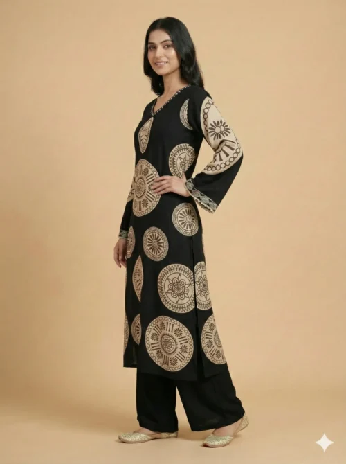 Embrace Black Geometric Design A-Line Rayon Stitched Kurta With Palazzo