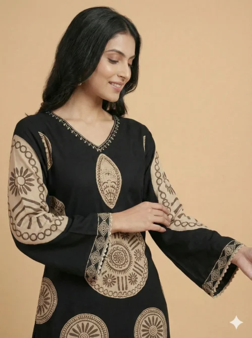 Embrace Black Geometric Design A-Line Rayon Stitched Kurta With Palazzo