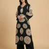 Embrace Black Geometric Design A-Line Rayon Stitched Kurta With Palazzo