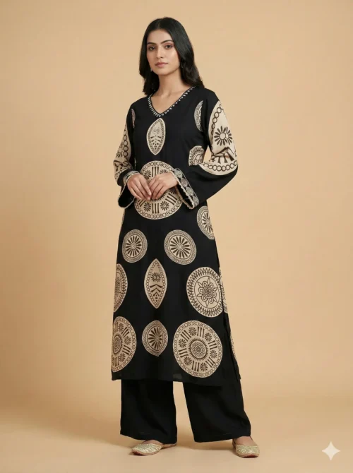 Embrace Black Geometric Design A-Line Rayon Stitched Kurta With Palazzo