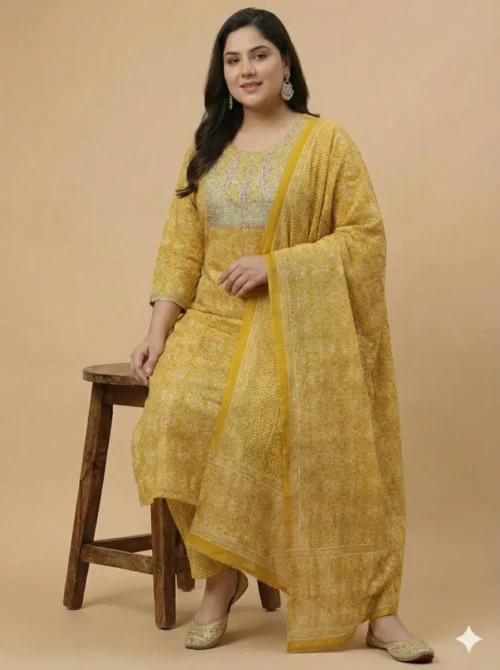 Yellow Color Beautifully Printed Plus Size Kurta with Pant and Dupatta
