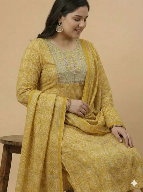Yellow Color Beautifully Printed Plus Size Kurta with Pant and Dupatta