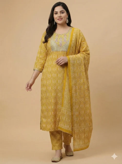 Yellow Color Beautifully Printed Plus Size Kurta with Pant and Dupatta