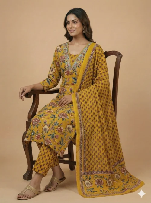 Breezy Yellow Color Beautifully Printed Jaipuri Kurta with Pant and Dupatta - Breezy Yellow Color Beautifully Printed Jaipuri Kurta with Pant and Dupatta - Kottons Breezy Yellow Color Beautifully Printed Jaipuri Kurta with Pant and Dupatta