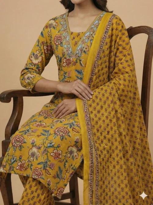 Breezy Yellow Color Beautifully Printed Jaipuri Kurta with Pant and Dupatta - Breezy Yellow Color Beautifully Printed Jaipuri Kurta with Pant and Dupatta - Kottons Breezy Yellow Color Beautifully Printed Jaipuri Kurta with Pant and Dupatta