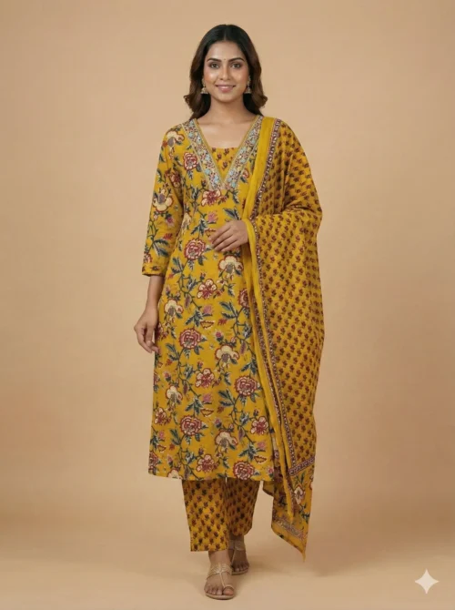 Breezy Yellow Color Beautifully Printed Jaipuri Kurta with Pant and Dupatta - Breezy Yellow Color Beautifully Printed Jaipuri Kurta with Pant and Dupatta - Kottons Breezy Yellow Color Beautifully Printed Jaipuri Kurta with Pant and Dupatta