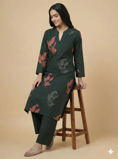 Elegant Straight Cotton Stitched Kurta With Palazzo - Elegant Straight Cotton Stitched Kurta With Palazzo - Kottons Elegant Straight Cotton Stitched Kurta With Palazzo