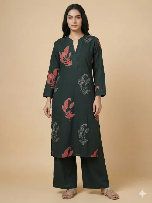 Elegant Straight Cotton Stitched Kurta With Palazzo - Elegant Straight Cotton Stitched Kurta With Palazzo - Kottons Elegant Straight Cotton Stitched Kurta With Palazzo