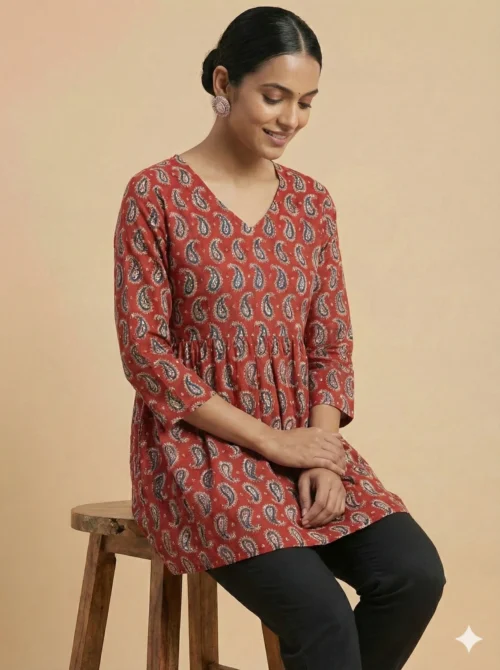 Red Printed Anarkali Short Kurti - Red Printed Anarkali Short Kurti - Kottons Red Printed Anarkali Short Kurti