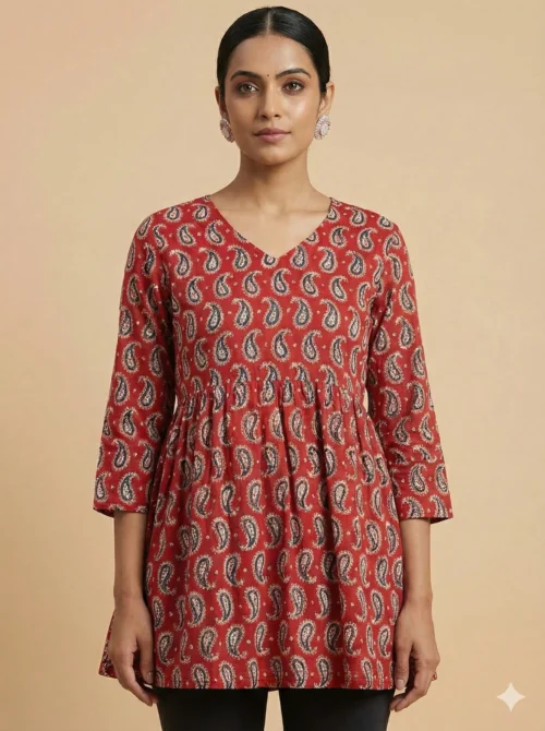 Red Printed Anarkali Short Kurti - Red Printed Anarkali Short Kurti - Kottons Red Printed Anarkali Short Kurti
