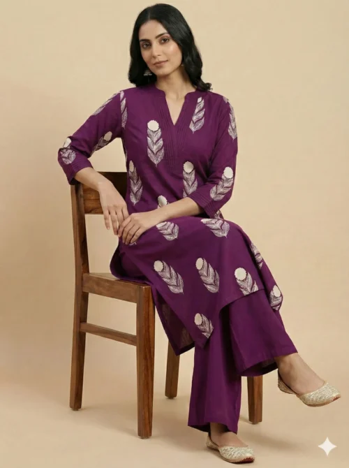 Block Printed A-Line Cotton Stitched Kurta With Palazzo