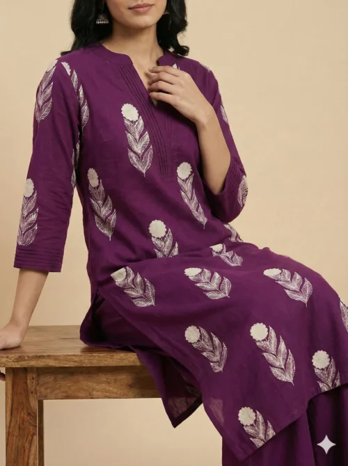 Block Printed A-Line Cotton Stitched Kurta With Palazzo