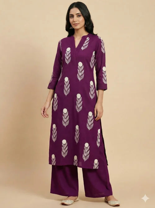 Block Printed A-Line Cotton Stitched Kurta With Palazzo