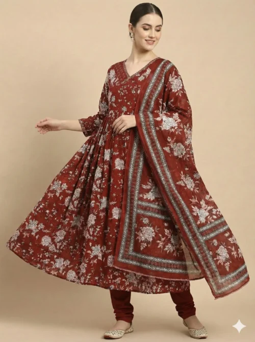Red Anarkali Trendy Kurta with Pant and Dupatta