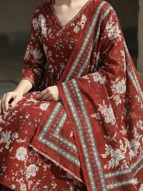 Red Anarkali Trendy Kurta with Pant and Dupatta