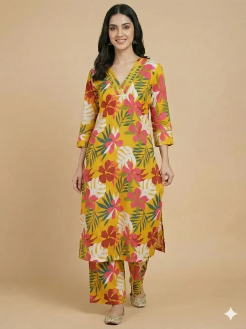 Yellow Beautiful Floral Print Kurti With Pant