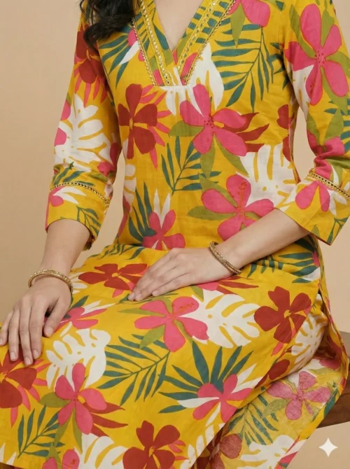 Yellow Beautiful Floral Print Kurti With Pant