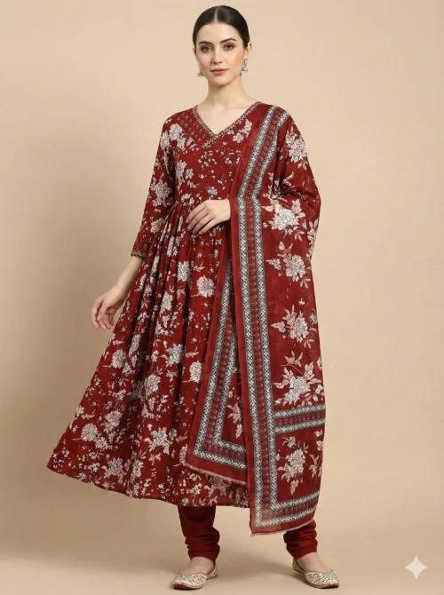 Red Anarkali Trendy Kurta with Pant and Dupatta