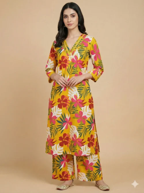 Yellow Beautiful Floral Print Kurti With Pant