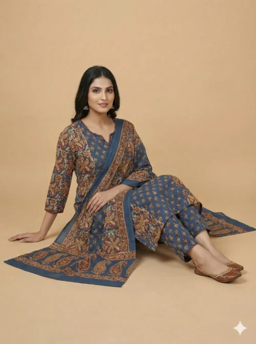 Vibrant Ethnic Designs Printed Cotton Kurta with Pant & Dupatta - Ethnic Designs Printed Cotton Kurta with Pant & Dupatta - Kottons Vibrant Ethnic Designs Printed Cotton Kurta with Pant & Dupatta