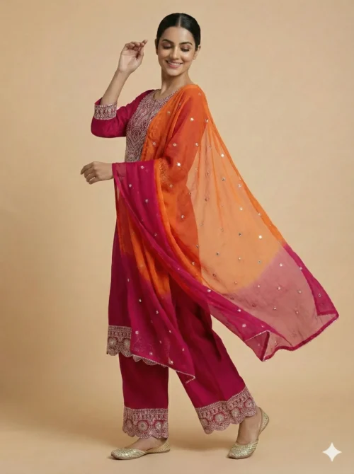 Heavy Embroidery Red Kurta with Plazzo and Dupatta
