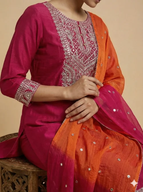Heavy Embroidery Red Kurta with Plazzo and Dupatta