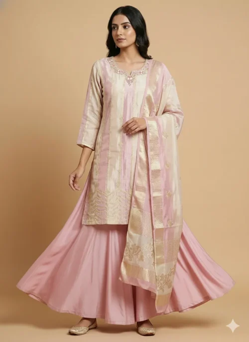 Elegant Pink Straight Kurta with Sharara and Dupatta