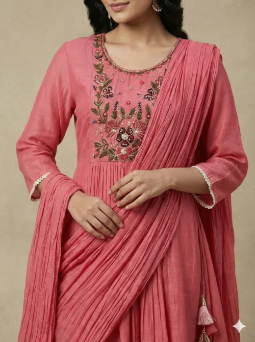 Stylish Mul Chanderi Kurta with Pant and Dupatta - Stylish Mul Chanderi Kurta with Pant and Dupatta - Kottons Stylish Mul Chanderi Kurta with Pant and Dupatta