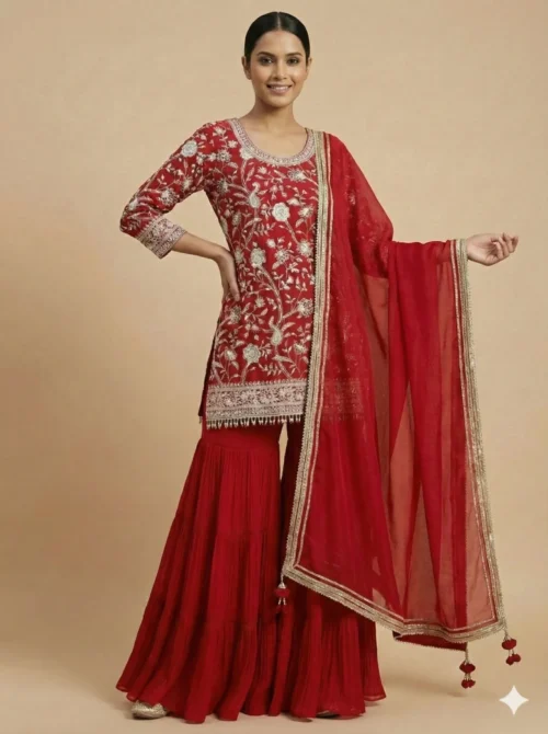 Beautiful All Over Embroidery Kurta with Sharara and Dupatta